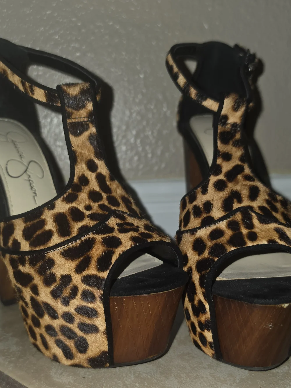Jessica Simpson Leopard-Pattern Platform T-Strap Heels in Tan and Black, LEOPARD